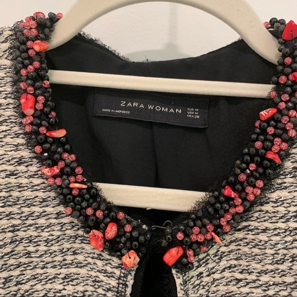 Zara Tweed Boucle Blazer Beaded Neckline Medium - Picture 5 of 12